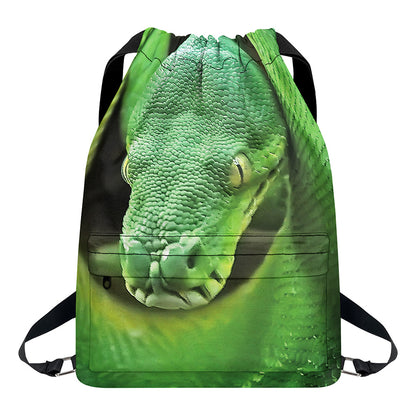 Green Reticulated Python Snake Print Drawstring Backpack