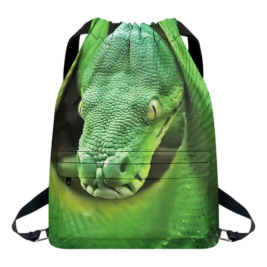 Green Reticulated Python Snake Print Drawstring Backpack