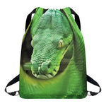 Green Reticulated Python Snake Print Drawstring Backpack