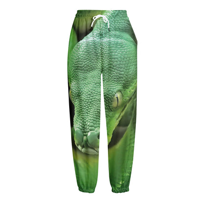 Green Reticulated Python Snake Print Fleece Lined Knit Pants