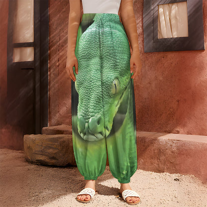 Green Reticulated Python Snake Print Harem Pants