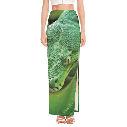 Green Reticulated Python Snake Print High Slit Maxi Skirt