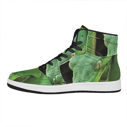 Green Reticulated Python Snake Print High Top Leather Sneakers