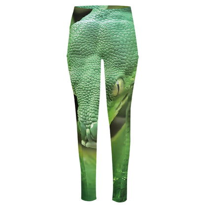 Green Reticulated Python Snake Print High-Waisted Pocket Leggings
