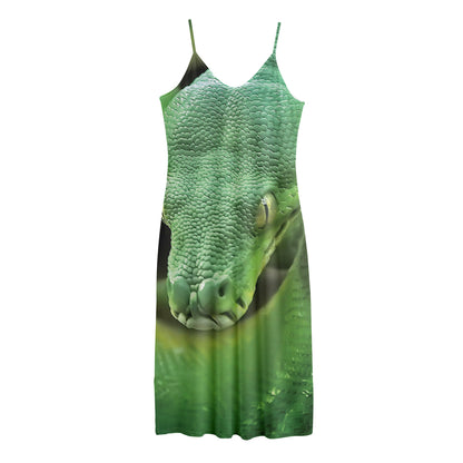 Green Reticulated Python Snake Print Jersey Midi Cami Dress