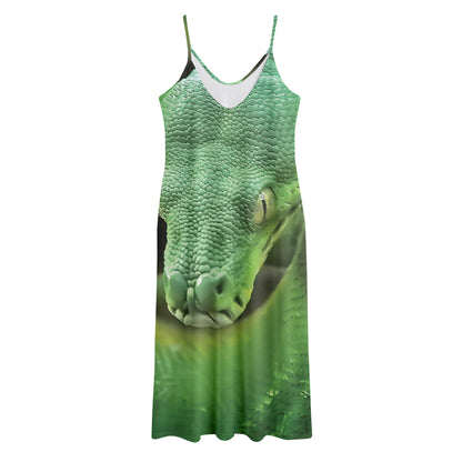 Green Reticulated Python Snake Print Jersey Midi Cami Dress