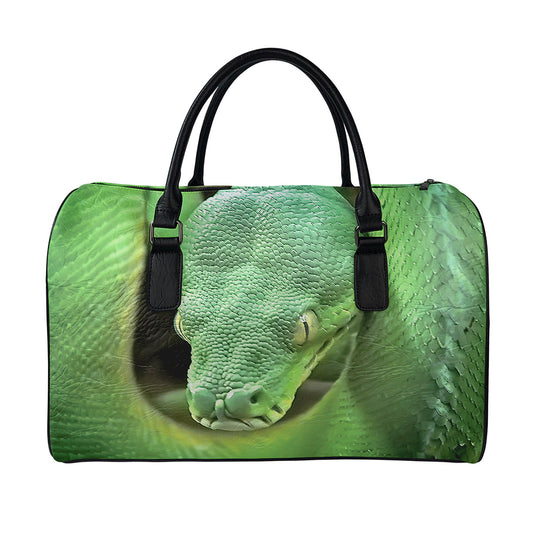 Green Reticulated Python Snake Print Leather Duffle Bag