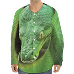 Green Reticulated Python Snake Print Long Sleeve Baseball Jersey
