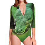 Green Reticulated Python Snake Print Long Sleeve Swimsuit