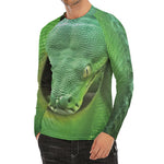 Green Reticulated Python Snake Print Men's Long Sleeve Rash Guard