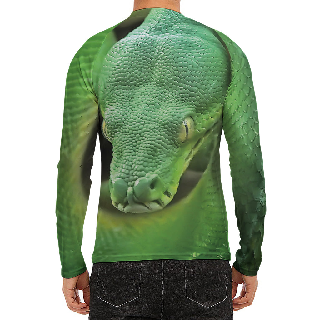Green Reticulated Python Snake Print Men's Long Sleeve Rash Guard