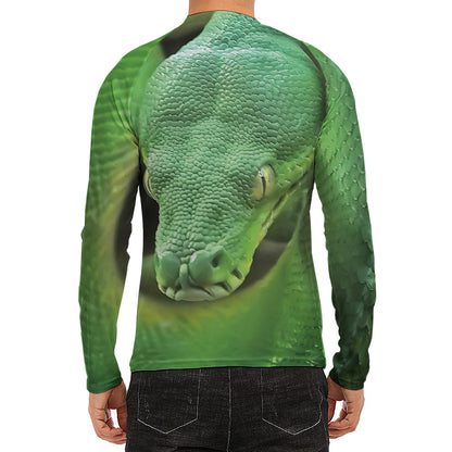Green Reticulated Python Snake Print Men's Long Sleeve Rash Guard