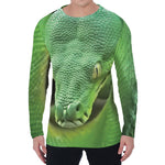 Green Reticulated Python Snake Print Men's Long Sleeve T-Shirt