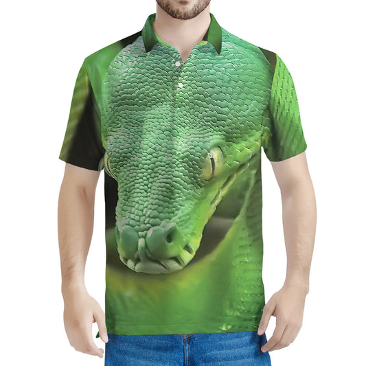 Green Reticulated Python Snake Print Men's Polo Shirt