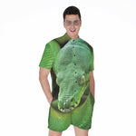 Green Reticulated Python Snake Print Men's Rompers