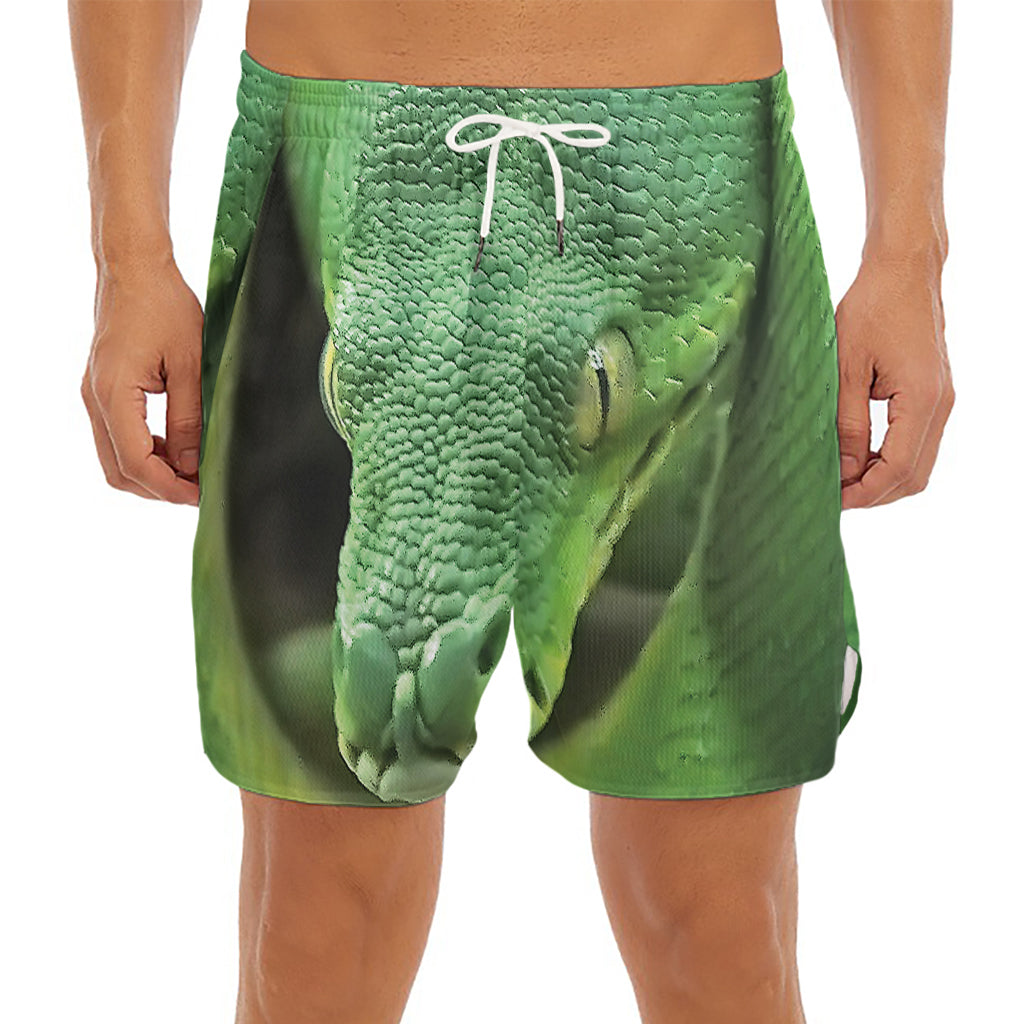 Green Reticulated Python Snake Print Men's Split Running Shorts
