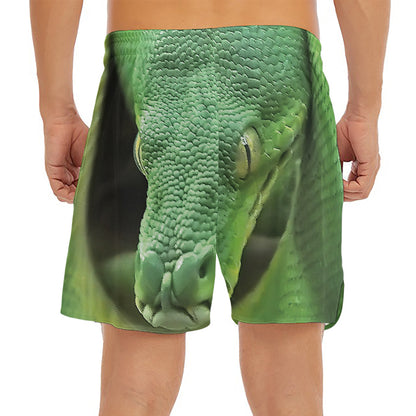 Green Reticulated Python Snake Print Men's Split Running Shorts