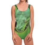 Green Reticulated Python Snake Print One Piece Swimsuit