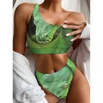 Green Reticulated Python Snake Print One Shoulder Bikini Top