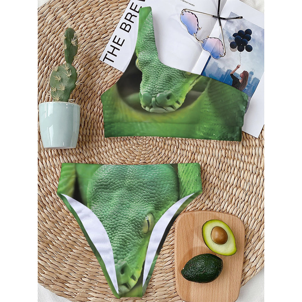 Green Reticulated Python Snake Print One Shoulder Bikini Top