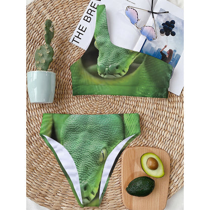 Green Reticulated Python Snake Print One Shoulder Bikini Top