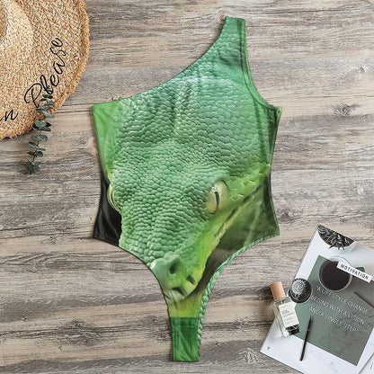 Green Reticulated Python Snake Print One Shoulder Bodysuit