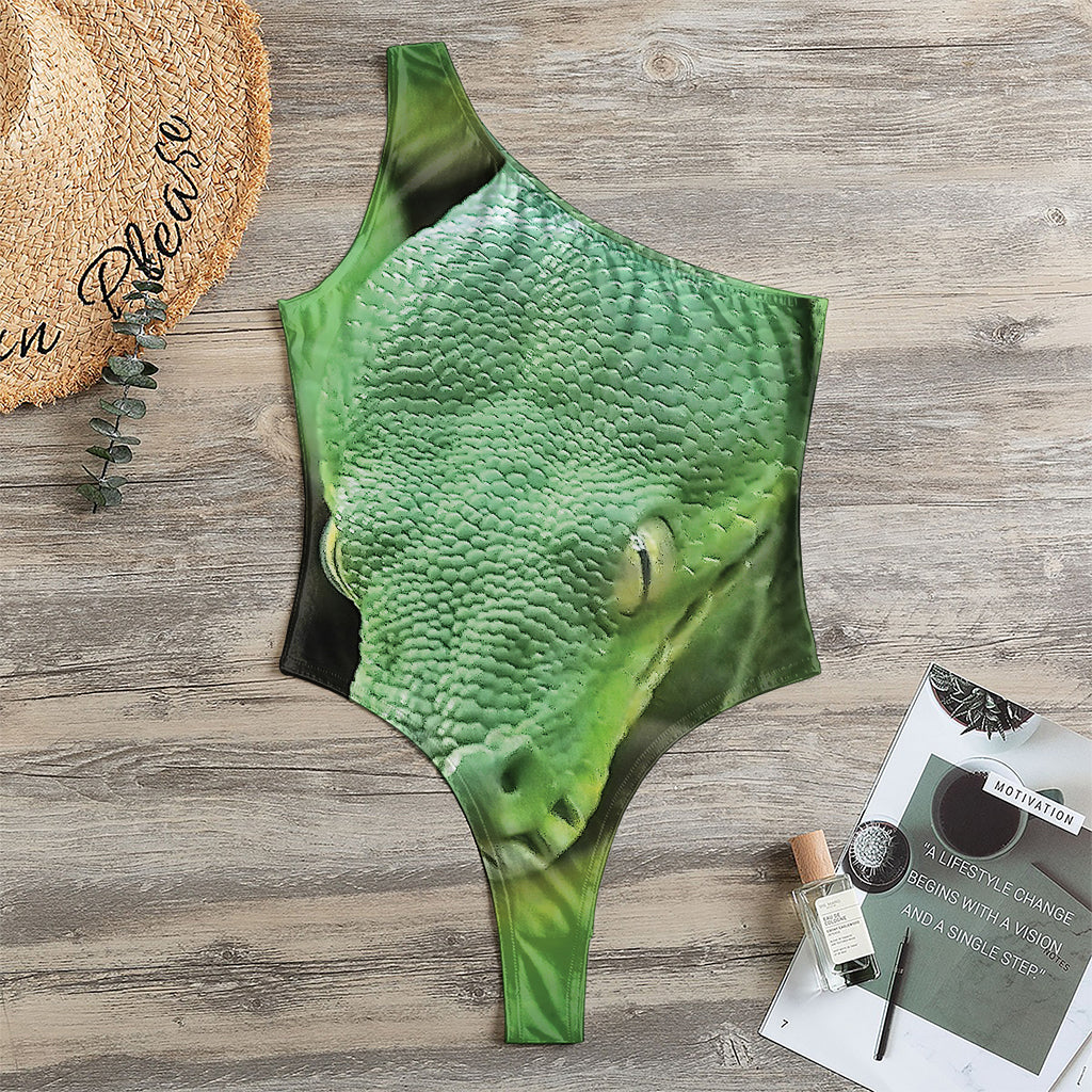 Green Reticulated Python Snake Print One Shoulder Bodysuit