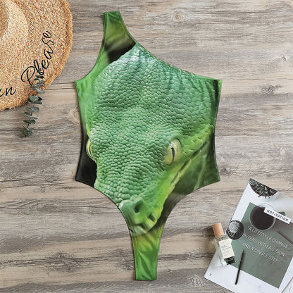 Green Reticulated Python Snake Print One Shoulder Bodysuit