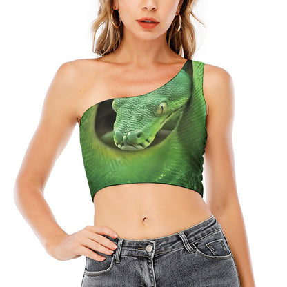 Green Reticulated Python Snake Print One Shoulder Crop Top
