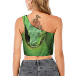 Green Reticulated Python Snake Print One Shoulder Crop Top