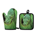 Green Reticulated Python Snake Print Oven Mitt And Pot Holder Set