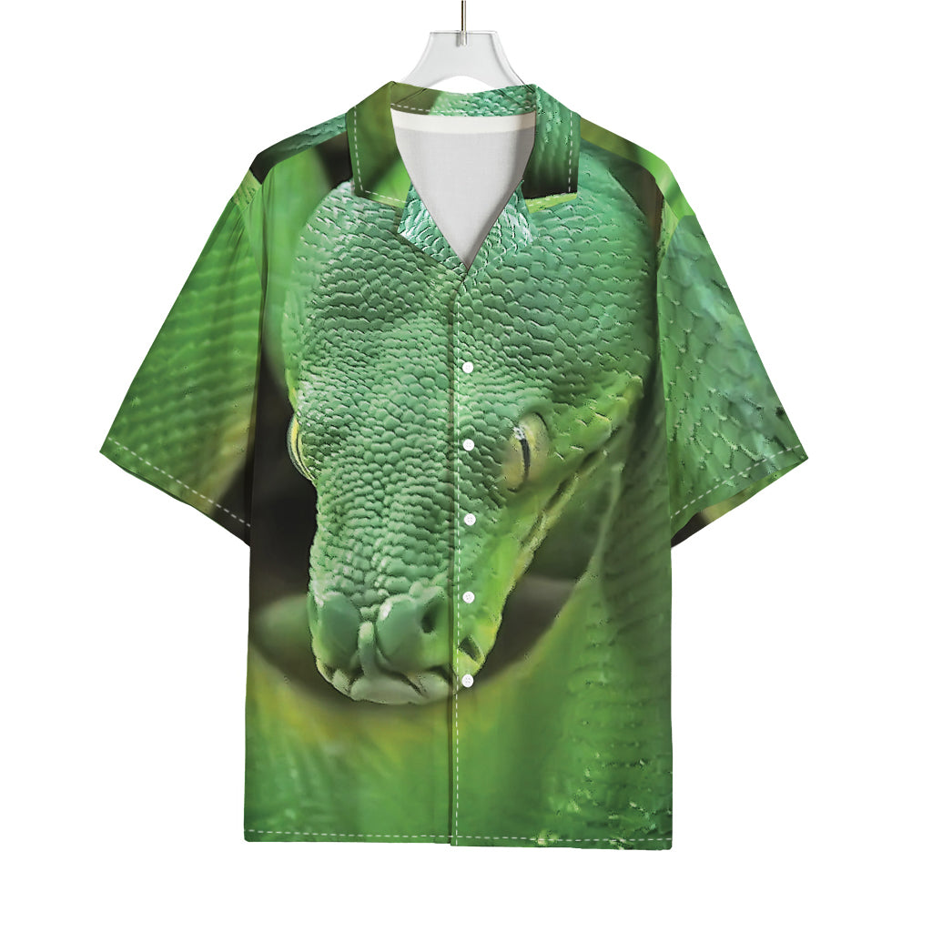 Green Reticulated Python Snake Print Rayon Hawaiian Shirt