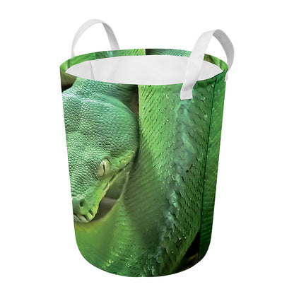 Green Reticulated Python Snake Print Round Laundry Basket