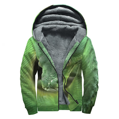 Green Reticulated Python Snake Print Sherpa Lined Zip Up Hoodie