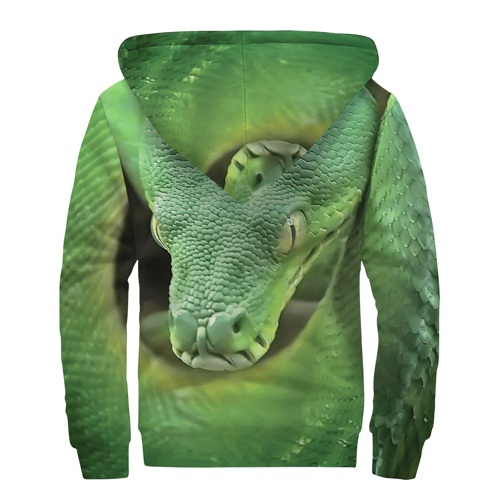 Green Reticulated Python Snake Print Sherpa Lined Zip Up Hoodie