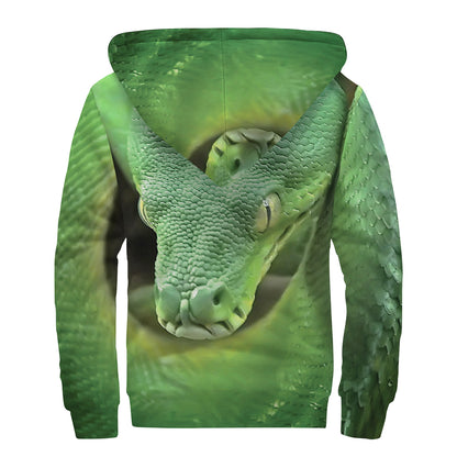 Green Reticulated Python Snake Print Sherpa Lined Zip Up Hoodie