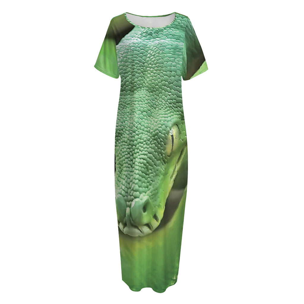 Green Reticulated Python Snake Print Short Sleeve Long Nightdress