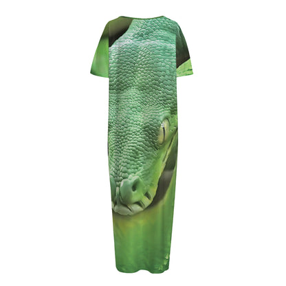 Green Reticulated Python Snake Print Short Sleeve Long Nightdress