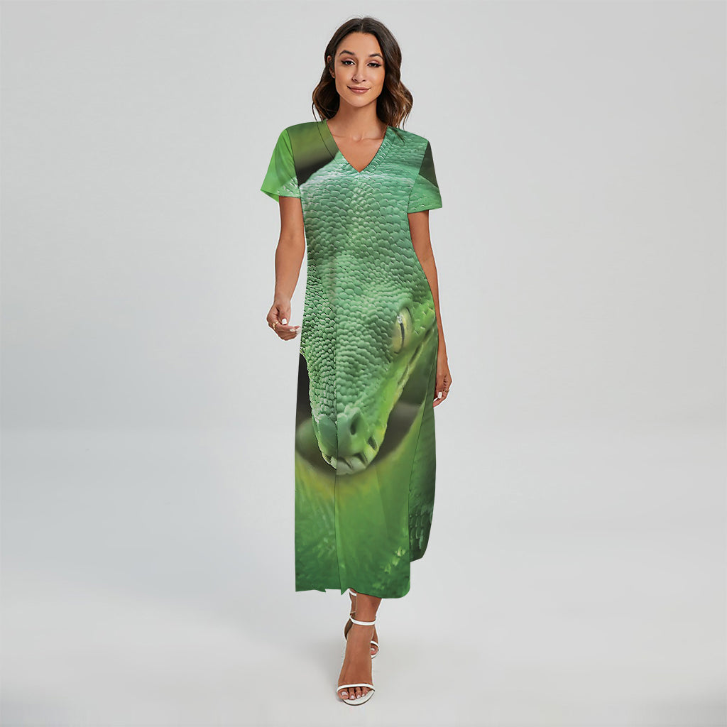 Green Reticulated Python Snake Print Short Sleeve Maxi Dress