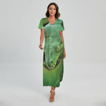 Green Reticulated Python Snake Print Short Sleeve Maxi Dress