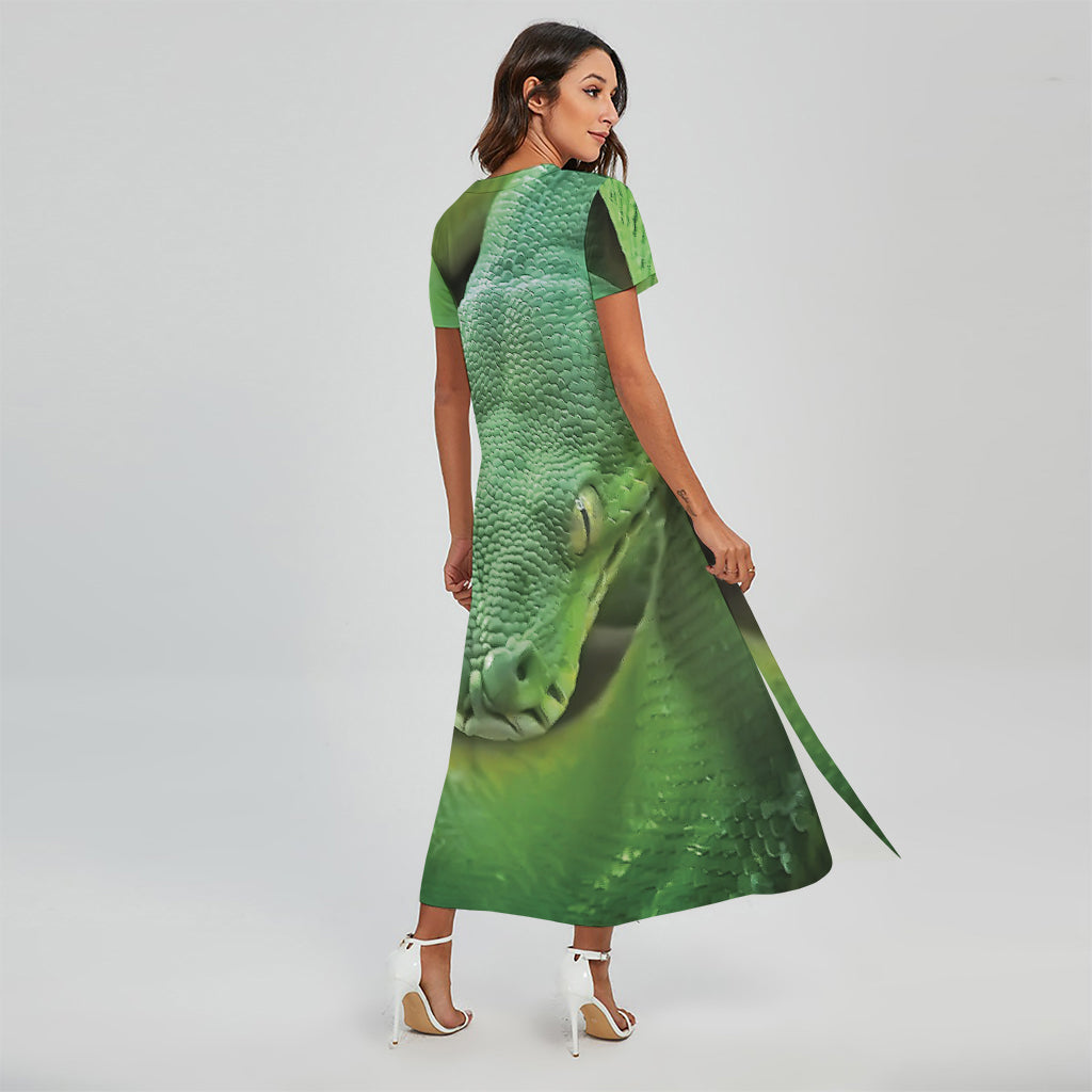 Green Reticulated Python Snake Print Short Sleeve Maxi Dress