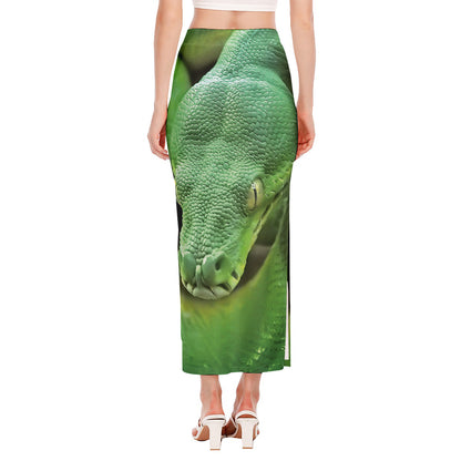 Green Reticulated Python Snake Print Side Slit Maxi Skirt