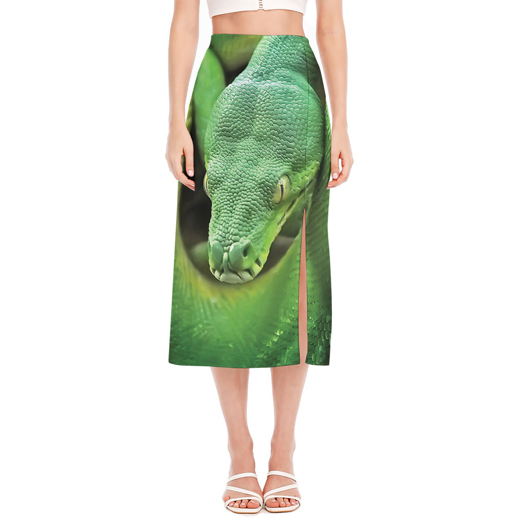 Green Reticulated Python Snake Print Side Slit Midi Skirt