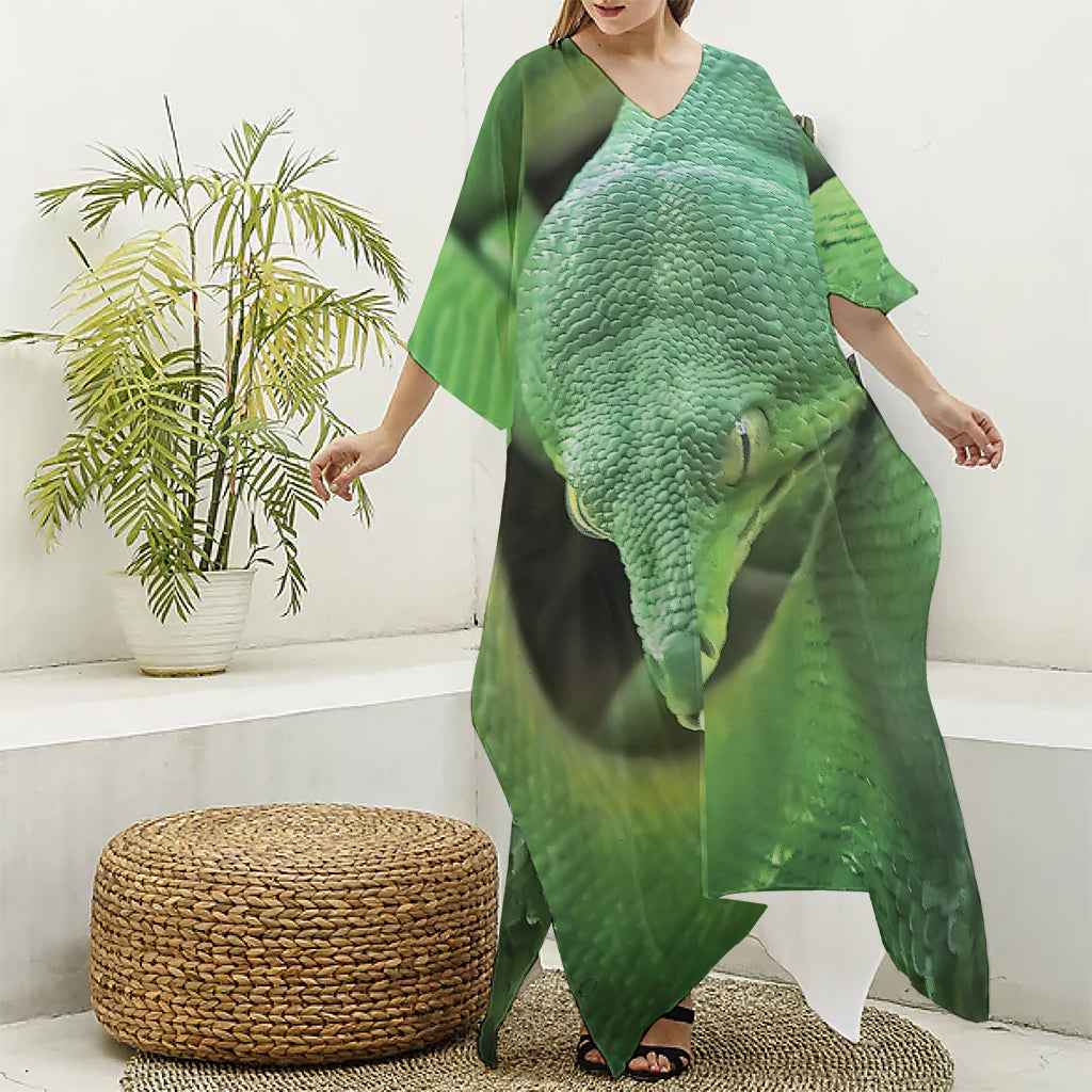 Green Reticulated Python Snake Print Silk V-Neck Kaftan Dress