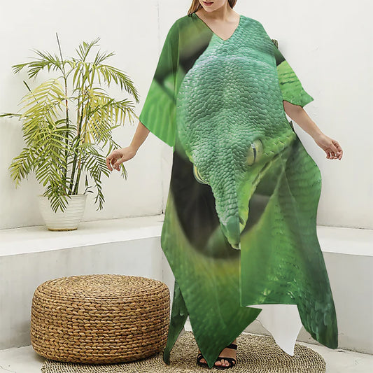 Green Reticulated Python Snake Print Silk V-Neck Kaftan Dress