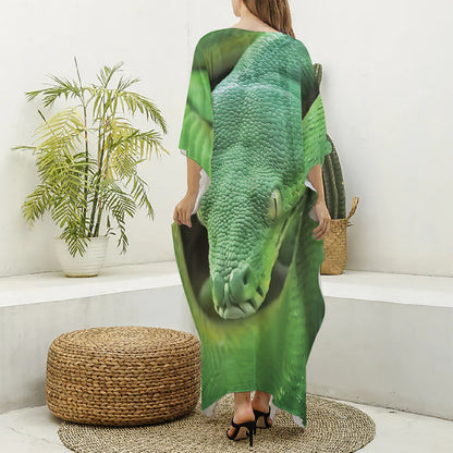 Green Reticulated Python Snake Print Silk V-Neck Kaftan Dress