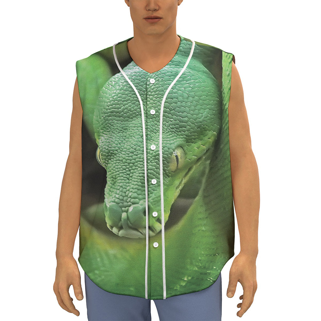 Green Reticulated Python Snake Print Sleeveless Baseball Jersey