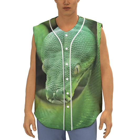 Green Reticulated Python Snake Print Sleeveless Baseball Jersey