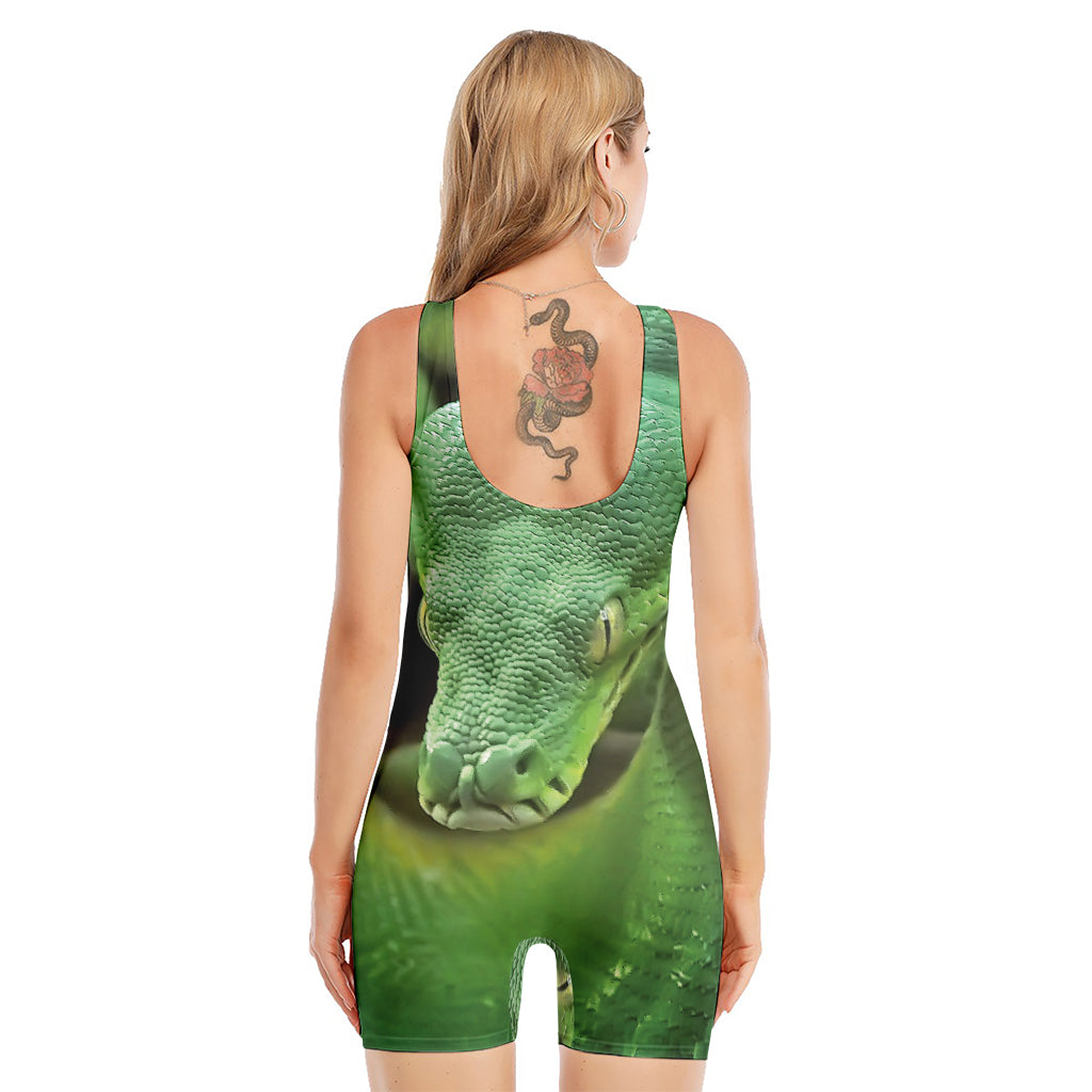 Green Reticulated Python Snake Print Sleeveless One Piece Swimsuit
