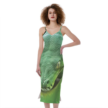 Green Reticulated Python Snake Print Slim Fit Midi Cami Dress